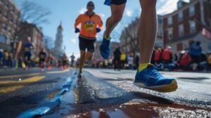 Close-up marathon leg runner event with boston marathon is one of the most prestigious and well-known marathons in the world.