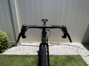 Head-on view of the Batch GB.1 cockpit showing the flared alloy drop handlebar and MicroShift Sword levers.