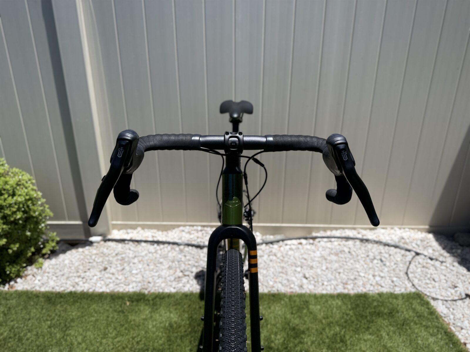 Head-on view of the Batch GB.1 cockpit showing the flared alloy drop handlebar and MicroShift Sword levers.