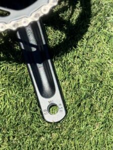 Close-up of the Batch GB.1 crank arm stamped with a 165 length marking.
