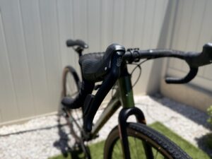 Three-quarter view of the Batch GB.1 flared drop bar and MicroShift Sword brake and shift levers.