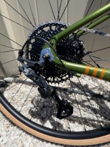 Rear of the Batch GB.1 showing the MicroShift Sword clutched derailleur and an 11-46T nine-speed cassette.