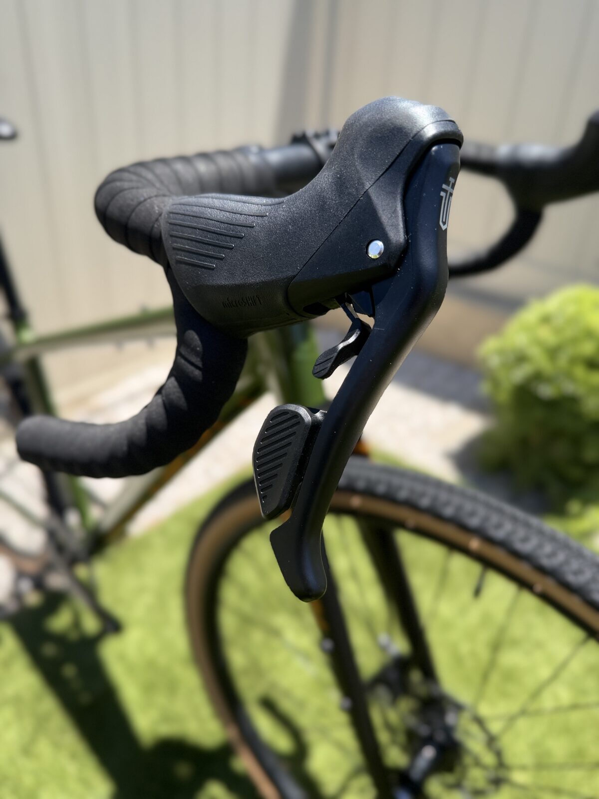 Detailed close-up of the MicroShift Sword brake and shift lever hood on the Batch GB.1.